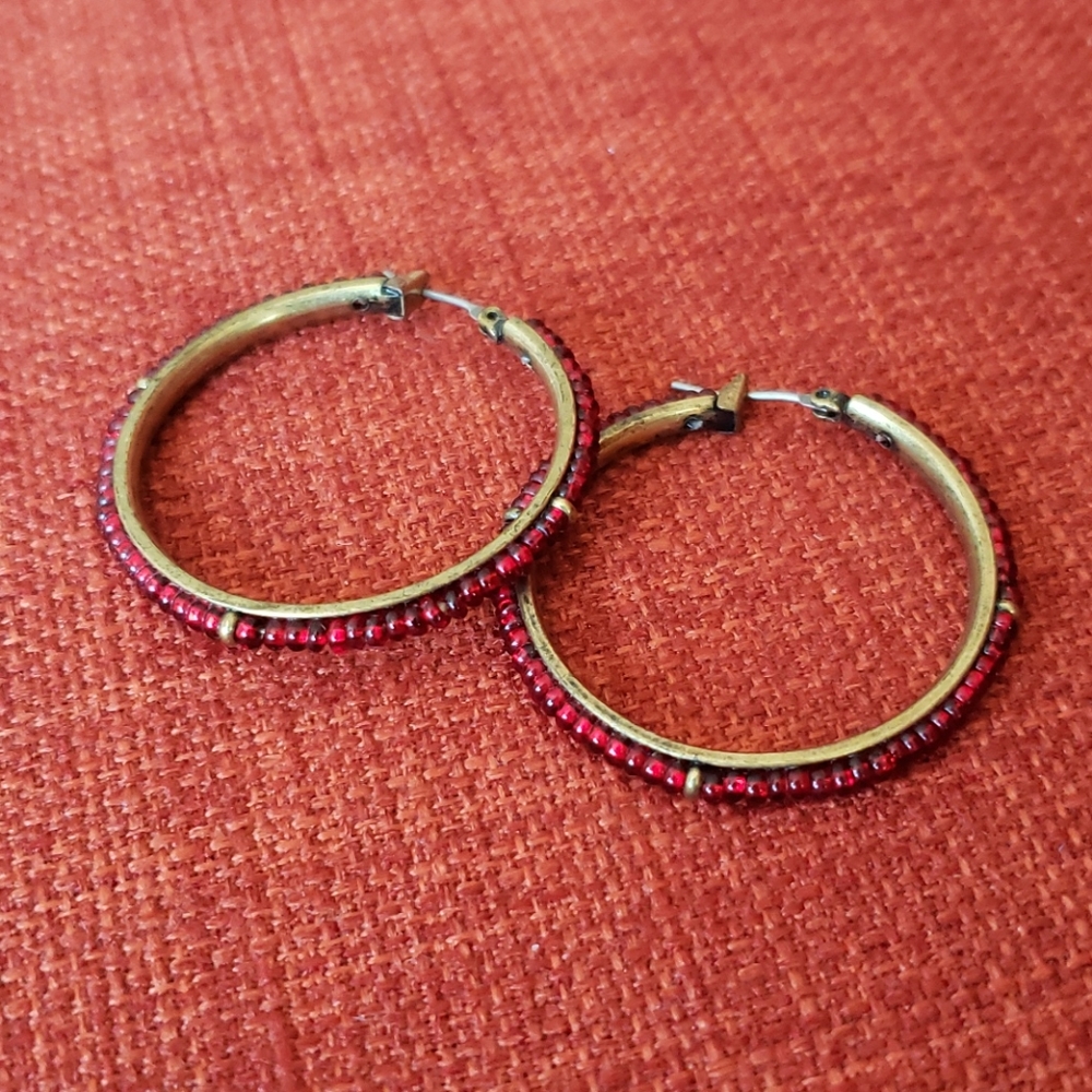 Lucky Brand Red bead and gold hoops